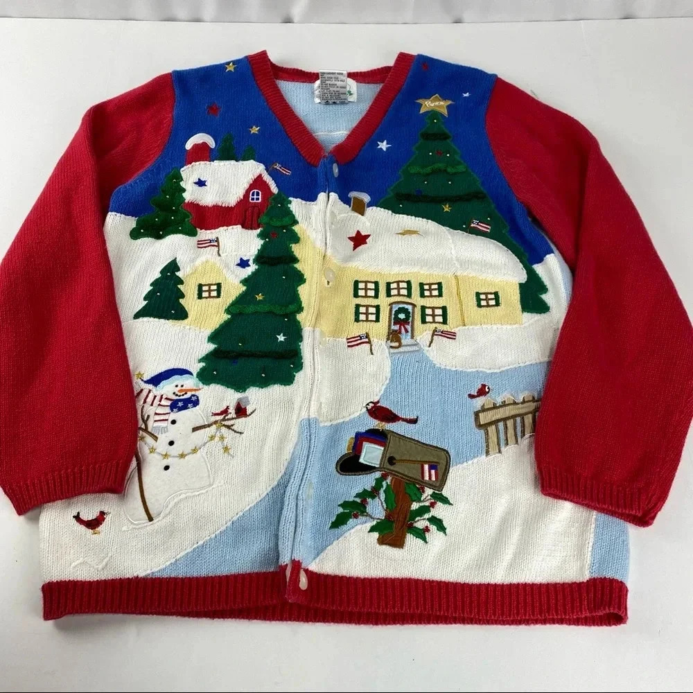Quacker Factory Embellished Patriotic Christmas Angel Cardigan Sweater Medium